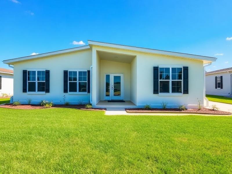 Modern modular home with a covered entry and green lawn in Florida